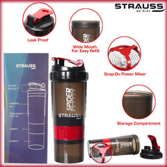 STRAUSS Spider Gym Shaker Bottle | Shakers for Protein Shake with 2 Storage Compartment | Leakproof Gym Protein Shaker for Post and Pre-Workout Drink | 100% BPA Free (500 ML, Pack of 1,Red)