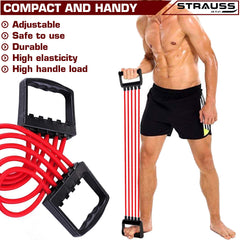 Strauss Adjustable Rubber Chest Expander | Ideal for Yoga, Gym, Home Workout | 5 Premium Natural Latex Tubes to Adjust Training Intensity | Lightweight, Durable with Non-Slip Handle, (Red)