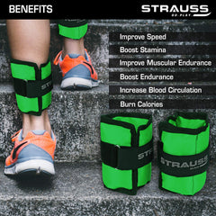 Strauss Adjustable Ankle/Wrist Weights 1 KG X 2 | Ideal for Walking, Running, Jogging, Cycling, Gym, Workout & Strength Training | Easy to Use on Ankle, Wrist, Leg, (Green)
