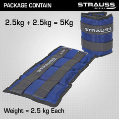Strauss Adjustable Ankle/Wrist Weights 2.5 KG X 2 | Ideal for Walking, Running, Jogging, Cycling, Gym, Workout & Strength Training | Easy to Use on Ankle, Wrist, Leg, (Blue)