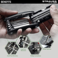 Strauss Bicycle Repair Tool Kit | 16-in-1 Multi-Purpose Set with Screwdrivers, Wrenches, Spanners, Nail Puller & Extension Rod | Portable & Compact Cycling Maintenance Equipment for Bike