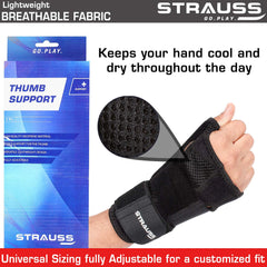 STRAUSS Thumb Support with Wrist Wrap | Thumb Support for Pain Relief, Sprains, Strains, Tendonitis, Soft Tissue Injuries, Carpal Tunnel & Trigger Thumb Immobilizer | Universal Size ,[Fits for Both Hands](Black)