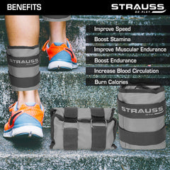 Strauss Adjustable Ankle/Wrist Weights 5 KG X 2 | Ideal for Walking, Running, Jogging, Cycling, Gym, Workout & Strength Training | Easy to Use on Ankle, Wrist, Leg, (Grey)