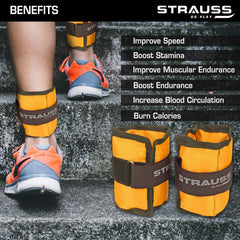 Strauss Adjustable Ankle/Wrist Weights 0.5 KG X 2 | Ideal for Walking, Running, Jogging, Cycling, Gym, Workout & Strength Training | Easy to Use on Ankle, Wrist, Leg, (Yellow)