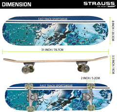 Strauss Bronx FT Lightweight Skateboard with Unique Graphics|31" X 8" Size with 8 Layer Maple Deck with High Density & Non-Slip Waterproof Grip Tape|2 inch PU Wheels|Suitable for All Ages