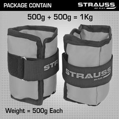 Strauss Adjustable Ankle/Wrist Weights 0.5 KG X 2 | Ideal for Walking, Running, Jogging, Cycling, Gym, Workout & Strength Training | Easy to Use on Ankle, Wrist, Leg, (Grey)