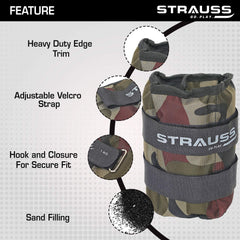 Strauss Adjustable Ankle/Wrist Weights 1 KG X 2 | Ideal for Walking, Running, Jogging, Cycling, Gym, Workout & Strength Training | Easy to Use on Ankle, Wrist, Leg, (Camouflage)