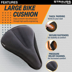 Strauss Bicycle Premium Saddle Foam Seat Cover with Anti-Slip Granules & Soft, Thick Padding | Superior Comfort, Breathable Design | Comes with Adjustable Rope Straps & Fits All Cycles, (Black)
