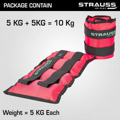 Strauss Adjustable Ankle/Wrist Weights 5 KG X 2 | Ideal for Walking, Running, Jogging, Cycling, Gym, Workout & Strength Training | Easy to Use on Ankle, Wrist, Leg, (Pink)