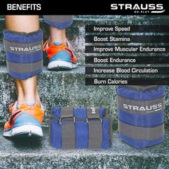 Strauss Adjustable Ankle/Wrist Weights 2.5 KG X 2 | Ideal for Walking, Running, Jogging, Cycling, Gym, Workout & Strength Training | Easy to Use on Ankle, Wrist, Leg, (Blue)