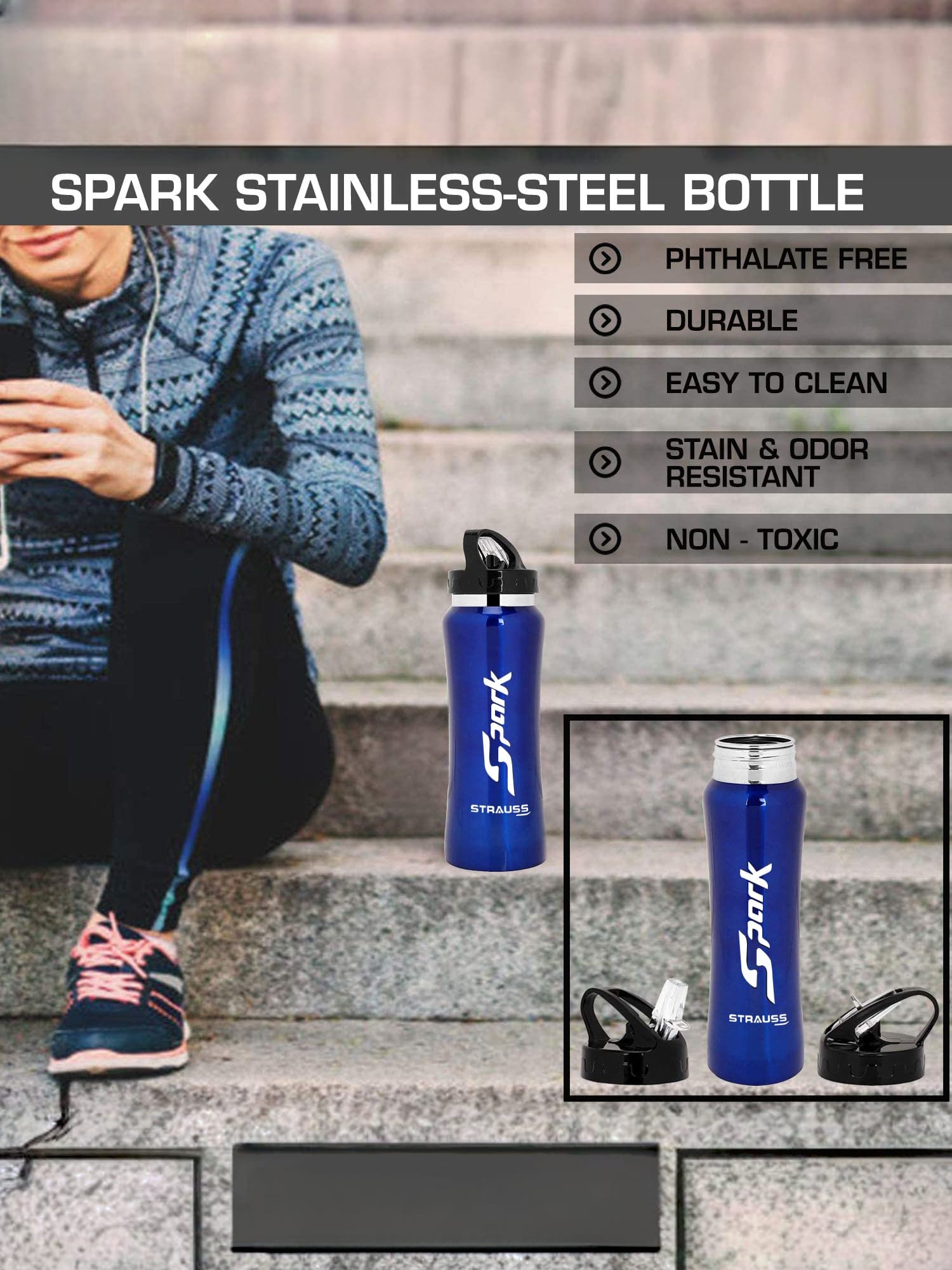 STRAUSS Spark Stainless-Steel Bottle, Metal Finish, 750 ml 100