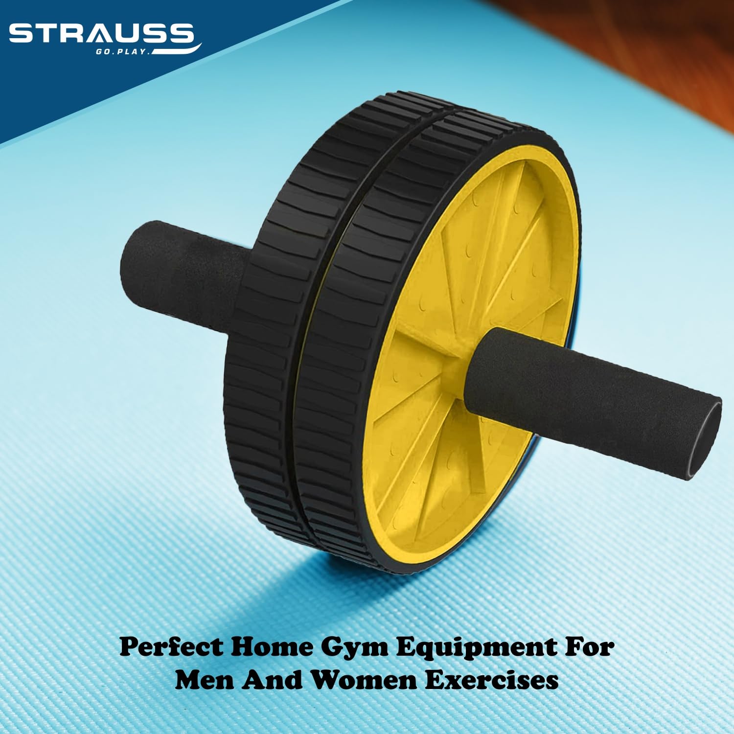 Strauss Double Wheel Ab Exercise Roller Anti-Skid Wheel Base, Non-Slip PVC Handles with Foam Ideal for Home, Gym Workout for Abs, Tummy,