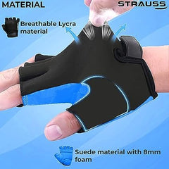 STRAUSS Suede Gym Gloves for Weightlifting, Cycling, Exercise & Gym | Full Palm Protection & Extra Durability with Suede Cushion Pads | Fingerless Gloves for Men and Women | Size: Small, (Blue/Black)