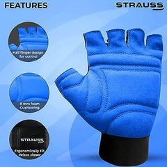 STRAUSS Suede Gym Gloves for Weightlifting, Cycling, Exercise & Gym | Full Palm Protection & Extra Durability with Suede Cushion Pads | Fingerless Gloves for Men and Women | Size: Large, (Blue/Black)