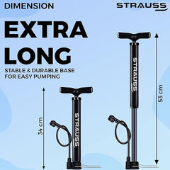 Strauss Bicycle Air Pump with Needle & Dual Valve | Portable Pump with 2 Modes, Ideal for Inflating Bicycle, Swimming Rings | Sturdy Base & Ergonomic Handle (Black)