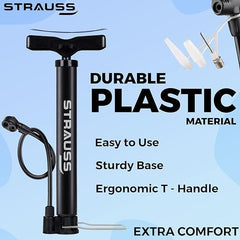 Strauss Bicycle Air Pump with Needle & Dual Valve | Portable Pump with 2 Modes, Ideal for Inflating Bicycle, Swimming Rings | Sturdy Base & Ergonomic Handle (Black)