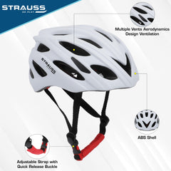 Strauss Veloguard Cycling Helmet | Light Weight with Superior Ventilation | Mountain, Road Bike & Skating Helmet with Adjustable Size | LED Safety Backlight | Ideal for Adults and Kids,(White)