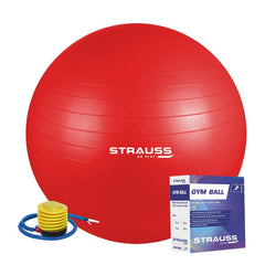 STRAUSS Anti-Burst Rubber Gym Ball with Free Foot Pump | Round Shape Swiss Ball for Exercise, Workout, Yoga, Pregnancy, Birthing, Balance & Stability, 65 cm, (Red)