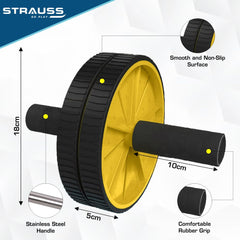 Strauss Double Wheel Ab & Exercise Roller | Anti-Skid Wheel Base, Non-Slip PVC Handles with Foam | Ideal for Home, Gym Workout for Abs, Tummy, (Yellow)