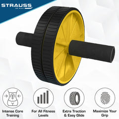 Strauss Double Wheel Ab & Exercise Roller | Anti-Skid Wheel Base, Non-Slip PVC Handles with Foam | Ideal for Home, Gym Workout for Abs, Tummy, (Yellow)