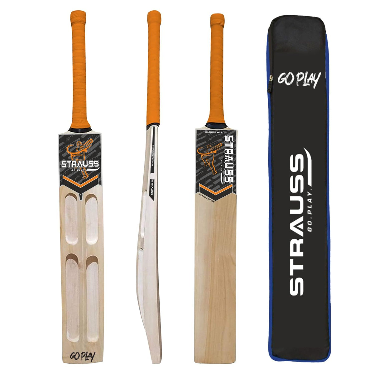 STRAUSS Grand Edition Kashmir Willow Scoop Cricket Bat |Size: Short Handle(SH) |Orange| Suitable for Tennis Ball|Ideal for Boys/Youth/Adults (900-1050 Grams)