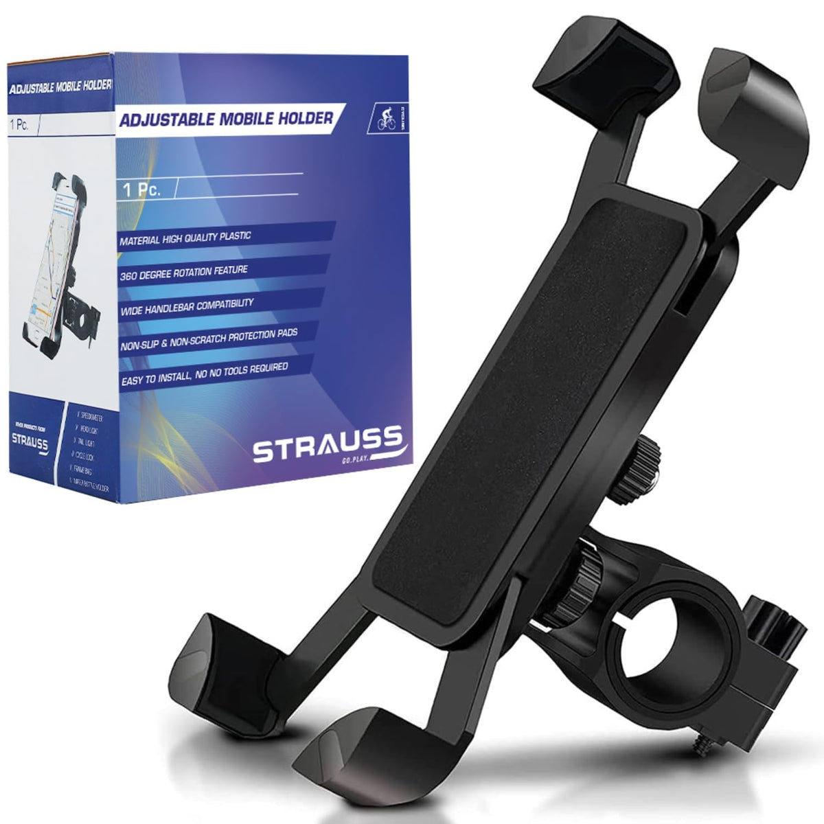 STRAUSS Bike Mobile Holder - Adjustable 360° Rotation Bicycle Phone Mount | Anti Shake and Stable Cradle Clamp | Bike Accessories