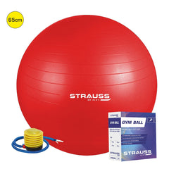 STRAUSS Anti-Burst Rubber Gym Ball with Free Foot Pump | Round Shape Swiss Ball for Exercise, Workout, Yoga, Pregnancy, Birthing, Balance & Stability, 65 cm, (Red)