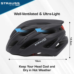 Strauss Veloguard Cycling Helmet | Light Weight with Superior Ventilation | Mountain, Road Bike & Skating Helmet with Adjustable Size | LED Safety Backlight | Ideal for Adults and Kids,(Black)