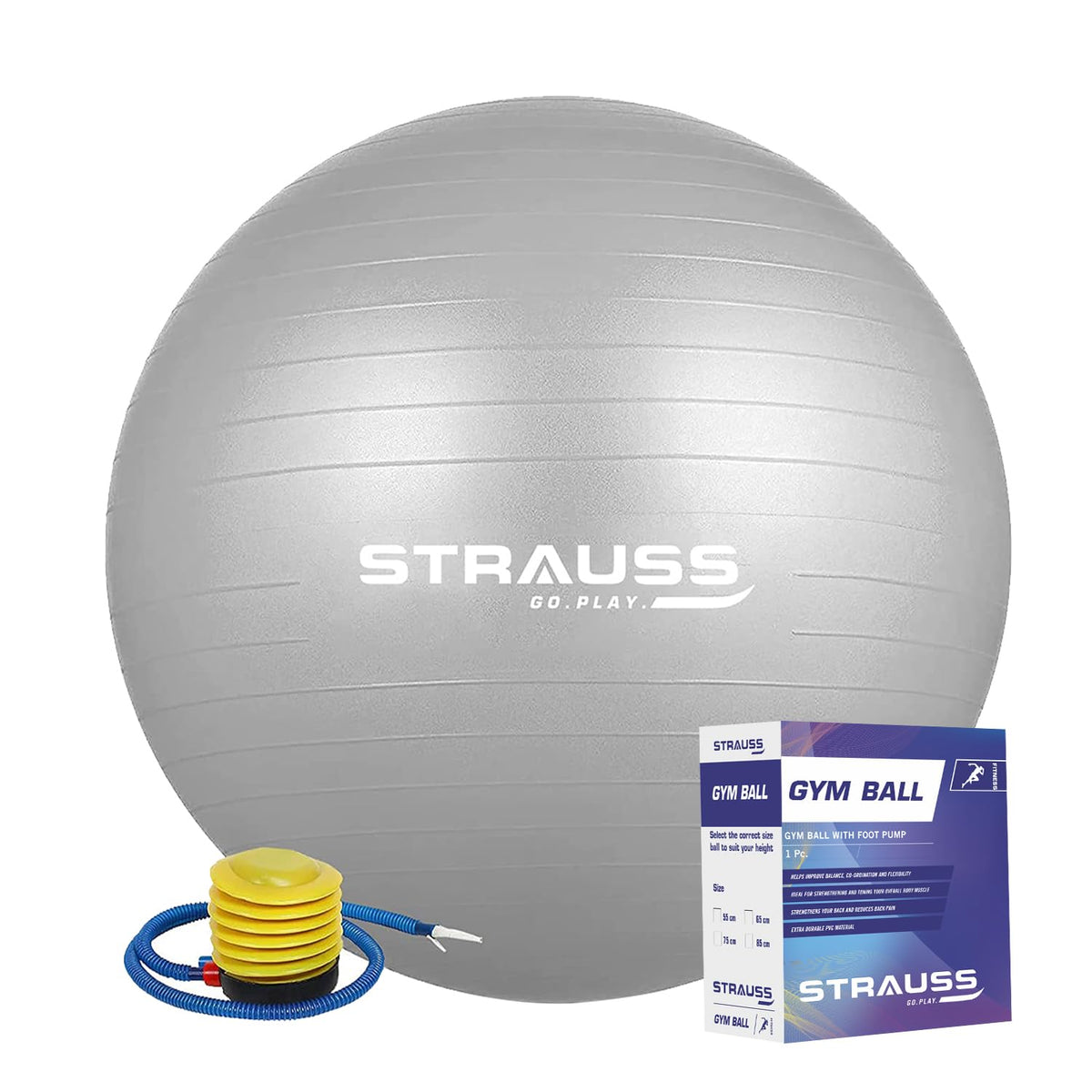 STRAUSS Anti-Burst Rubber Gym Ball with Free Foot Pump | Round Shape Swiss Ball for Exercise, Workout, Yoga, Pregnancy, Birthing, Balance & Stability, 65 cm, (Grey)
