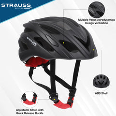 Strauss Veloguard Cycling Helmet | Light Weight with Superior Ventilation | Mountain, Road Bike & Skating Helmet with Adjustable Size | LED Safety Backlight | Ideal for Adults and Kids,(Black)