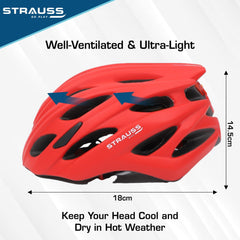 Strauss Veloguard Cycling Helmet | Light Weight with Superior Ventilation | Mountain, Road Bike & Skating Helmet with Adjustable Size | LED Safety Backlight | Ideal for Adults and Kids,(Red)