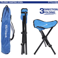 STRAUSS Folding Camping Chair |Portable & Foldable Stool for Camping, Fishing, Gardening, and Beach| 3-Leg Chair|Camping Accessories |Compact Outdoor Seat for Travel,Picnics,Outdoor Activities,(Blue)