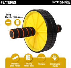 Strauss Double Wheel Ab & Exercise Roller | Anti-Skid Wheel Base, Non-Slip Stainless Steel Handles & Knee Mat | Ideal for Home, Gym workout for Abs, Tummy, (Yellow)