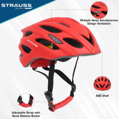 Strauss Veloguard Cycling Helmet | Light Weight with Superior Ventilation | Mountain, Road Bike & Skating Helmet with Adjustable Size | LED Safety Backlight | Ideal for Adults and Kids,(Red)