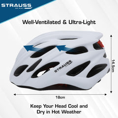 Strauss Veloguard Cycling Helmet | Light Weight with Superior Ventilation | Mountain, Road Bike & Skating Helmet with Adjustable Size | LED Safety Backlight | Ideal for Adults and Kids,(White)