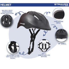 Strauss GlideX Cycling Helmet | Light Weight with Superior Ventilation | Mountain, Road Bike & Skating Helmet with Premium EPS Foam Lining | Ideal for Adults and Kids, (Black)