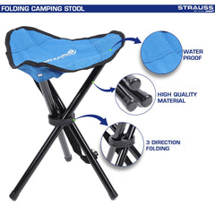 STRAUSS Folding Camping Chair |Portable & Foldable Stool for Camping, Fishing, Gardening, and Beach| 3-Leg Chair|Camping Accessories |Compact Outdoor Seat for Travel,Picnics,Outdoor Activities,(Blue)