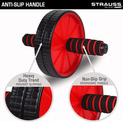 Strauss Double Wheel Ab & Exercise Roller | Anti-Skid Wheel Base, Non-Slip Stainless Steel Handles & Knee Mat | Ideal for Home, Gym workout for Abs, Tummy, (Red)