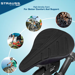 Strauss Bicycle Premium Extra Soft Saddle Foam Seat Cover with Anti-Slip Granules & Soft, Thick Padding|Superior Comfort, Breathable Design| Comes with Adjustable Rope Straps & Fits all Cycles,(Black)