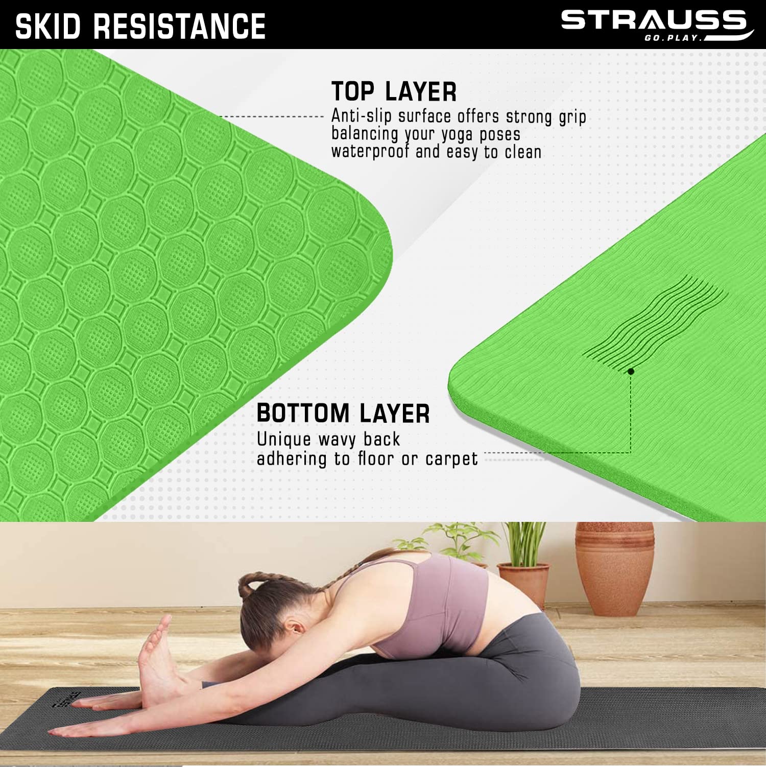 Strauss Anti Skid TPE Yoga Mat with Carry Strap, 6mm, (Green