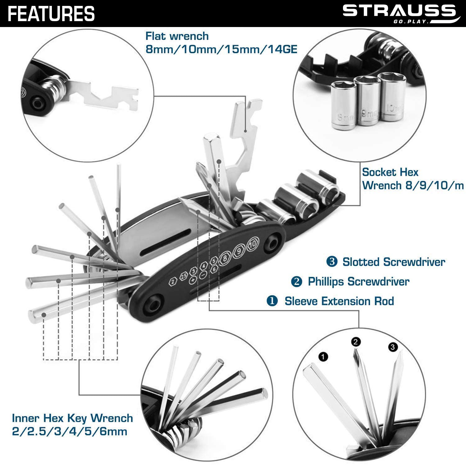 Strauss Bicycle Repair Tool Kit 16 in Multi-Functional Kit