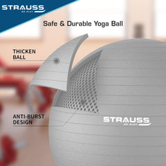 STRAUSS Anti-Burst Rubber Gym Ball with Free Foot Pump | Round Shape Swiss Ball for Exercise, Workout, Yoga, Pregnancy, Birthing, Balance & Stability, 65 cm, (Grey)