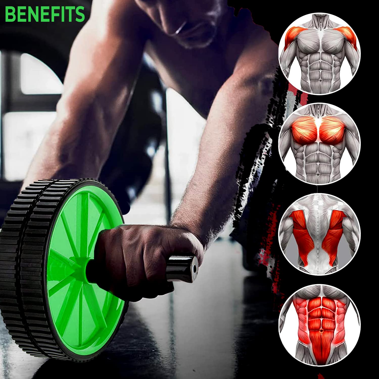 Strauss Double Wheel Ab Exercise Roller Anti-Skid Wheel Base, Non-Slip PVC Handles Ideal for Home, Gym workout for Abs, Tummy, (Green)