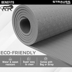 Strauss Anti Skid TPE Yoga Mat with Carry Bag, 4mm, (Grey)