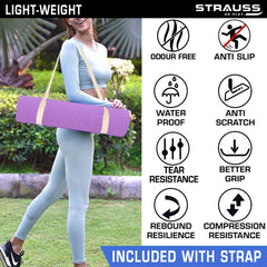 Strauss TPE Yoga Mat | Exercise Mat For Home Workout, Gym and Yoga Sessions | Anti Slip Gym Mat | Workout Mat For Men, Women and Kids | Yoga Mat With Carry Strap | Thickness: 6MM,(Purple)