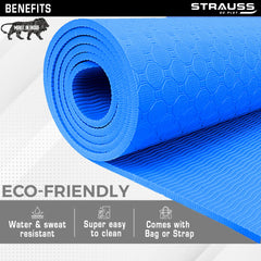 Strauss TPE Yoga Mat | Exercise Mat For Home Workout, Gym and Yoga Sessions | Anti Slip Gym Mat | Workout Mat For Men, Women and Kids | Yoga Mat With Carry Strap | Thickness: 6MM,(Sky Blue)