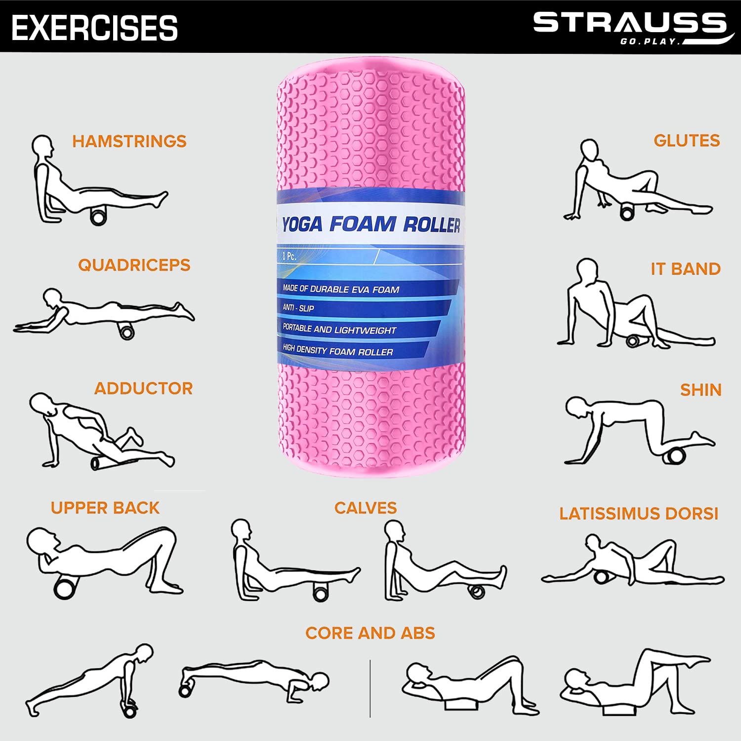 Strauss Yoga Foam Roller Ideal For Exercise, Muscle Recovery, Physiotherapy, Pain Relief Myofascial Deep Tissue Massage Roller 45 Cm, (Pink)
