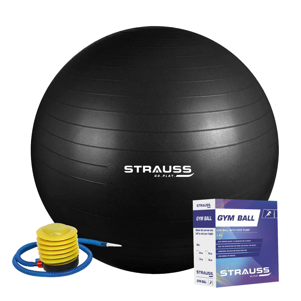 STRAUSS Anti-Burst Rubber Gym Ball with Free Foot Pump | Round Shape Swiss Ball for Exercise, Workout, Yoga, Pregnancy, Birthing, Balance & Stability, 55 cm, (Black)