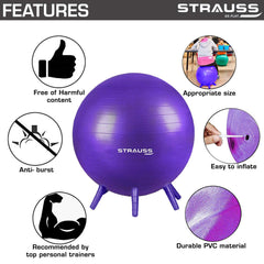 STRAUSS Anti-Burst Rubber Gym Ball Stabiity Legs with Free Foot Pump | Round Shape Swiss Ball for Exercise, Workout, Yoga, Pregnancy, Birthing, Balance & Stability, 55 cm, (Purple)