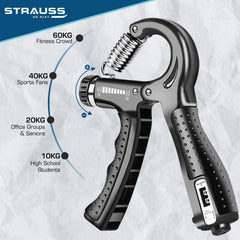 Strauss Adjustable Hand Grip with Counter | Adjustable Resistance (5KG - 60KG) | Hand Gripper for Home & Gym Workouts | Ideal for Forearm Hand Exercises & Strength Building for Men & Women,(Black)